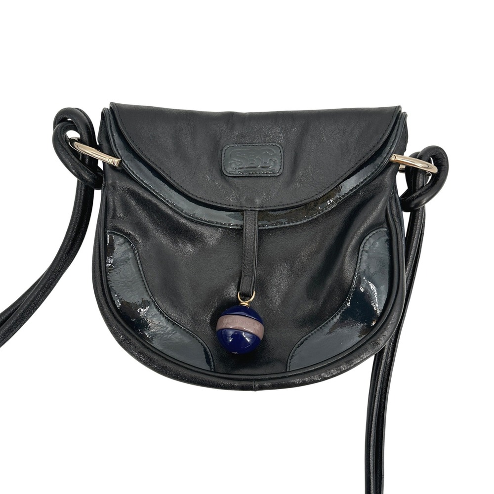 See by Chloe Black‎ Leather Patent Trim Crossbody Bag Logo Charm 07-07-91 RARE